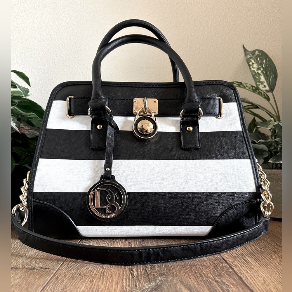 Dasein VL Black & White Striped Top Handle Tote Shoulder Bag